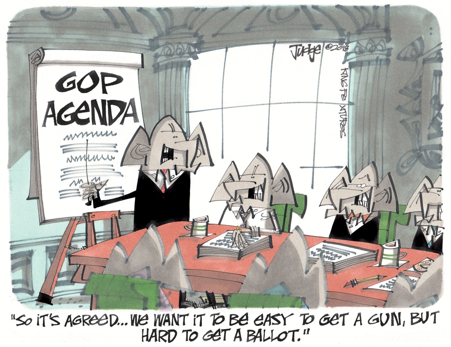 Arch OCR: GOP AGENDA "So IT'S AGREED... We WANT IT TO BE EASY TO GET A GUNBUT HARD TO GET A BALLOT." KING FE XTURES GOP AGENDA "So IT'S AGREED... We WANT IT TO BE EASY TO GET A GUNBUT HARD TO GET A BALLOT." KING FE XTURES