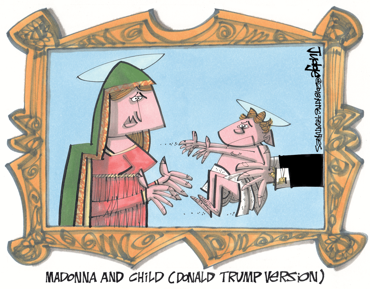 Clip art OCR: MADONNA AND CHILD CDONALD TRUMP VERSION) Justyess MADONNA AND CHILD CDONALD TRUMP VERSION) Justyess