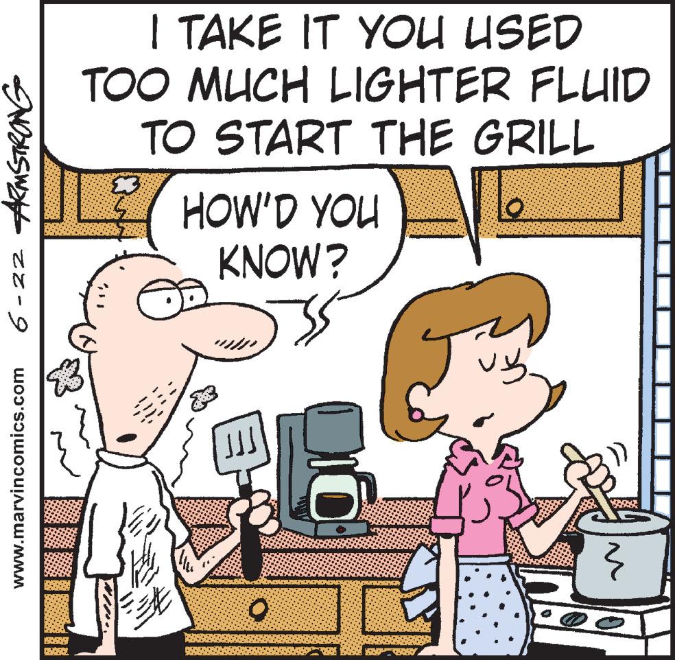 Pleased OCR: I TAKE IT YOU USED TOO MUCH LIGHTER FLUID TO START THE GRILL HOW'D YOU KNOW? 6 -22 ARMSTRONG www.marvincomics.com I TAKE IT YOU USED TOO MUCH LIGHTER FLUID TO START THE GRILL HOW'D YOU KNOW? 6 -22 ARMSTRONG www.marvincomics.com