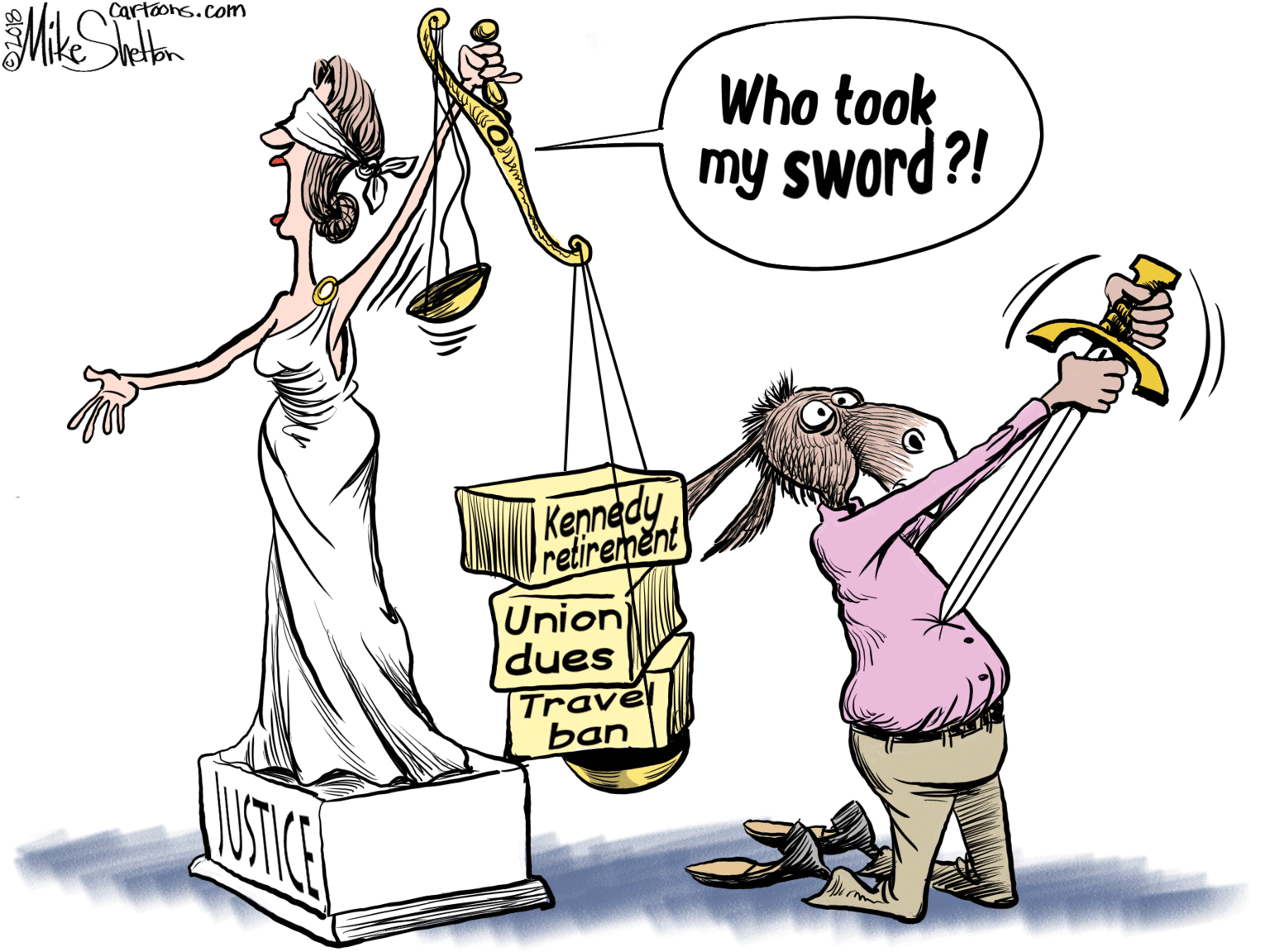 Font OCR: Cartoons.com Mike Seton Who took my sword?! Kennedy relirement Union dues |Trave ban USTICE Cartoons.com Mike Seton Who took my sword?! Kennedy relirement Union dues |Trave ban USTICE