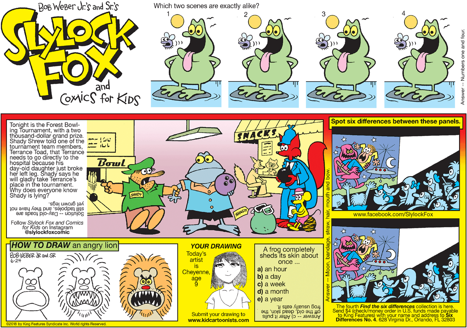 Graphics OCR: BOB WeBer Jr's and Sr.'s Which two scenes are exactly alike? ))) FOX and Comics for KiDS Spot six differences between these panels. Tonight is the Forest Bowl- ing Tournamentwith a two thousand-dollar grand prize. Shady Shrew told one of the tournament team membersthat Terrance needs to go directly to the hospital because his day-old daughter just broke her left leg. Shady says he will gladly take Terrance's place in the tournament. Why does everyone know Shády is lying? ENACKS ILL Bowl SHADY yet grown legs. still tadpolesànd they have not Solution -- Day-old toads are www.facebook.com/SlylockFox Follow Slylock Fox and Comics for Oslylockfoxcomic on HOW TO DRAW an angry lion BOB WEBER JR and SR 6-24 YOUR DRAWING Today's artist A frog completely sheds its skin about once .. is a) an hour b) a day c) a week d) a month e) a year Cheyenneage Submit your drawing to www.kidcartoonists.com frog usually eats it. The fourth Find the six differences collection is here. off the oldthe Send $4 (check/money order in U.S. funds made payable Answer -- c) After it pulls to King Features) with your name and address fo Six Differences No. 4. 628 Virginia Dr.FL 32803 ce01a by King Features Syndicate Inc. World rights Reserved. Answer - Numbers one and four. BOB WeBer Jr's and Sr.'s Which two scenes are exactly alike? ))) FOX and Comics for KiDS Spot six differences between these panels. Tonight is the Forest Bowl- ing Tournamentwith a two thousand-dollar grand prize. Shady Shrew told one of the tournament team membersTerrance Toadthat Terrance needs to go directly to the hospital because his day-old daughter just broke her left leg. Shady says he will gladly take Terrance's place in the tournament. Why does everyone know Shády is lying? ENACKS ILL Bowl SHADY yet grown legs. still tadpolesànd they have not Solution -- Day-old toads are www.facebook.com/SlylockFox Follow Slylock Fox and Comics for Oslylockfoxcomic on HOW TO DRAW an angry lion BOB WEBER JR and SR 6-24 YOUR DRAWING Today's artist A frog completely sheds its skin about once .. is a) an hour b) a day c) a week d) a month e) a year Cheyenneage Submit your drawing to www.kidcartoonists.com frog usually eats it. The fourth Find the six differences collection is here. off the olddead skinthe Send $4 (check/money order in U.S. funds made payable Answer -- c) After it pulls to King Features) with your name and address fo Six Differences No. 4. 628 Virginia Dr.FL 32803 ce01a by King Features Syndicate Inc. World rights Reserved. Answer - Numbers one and four.