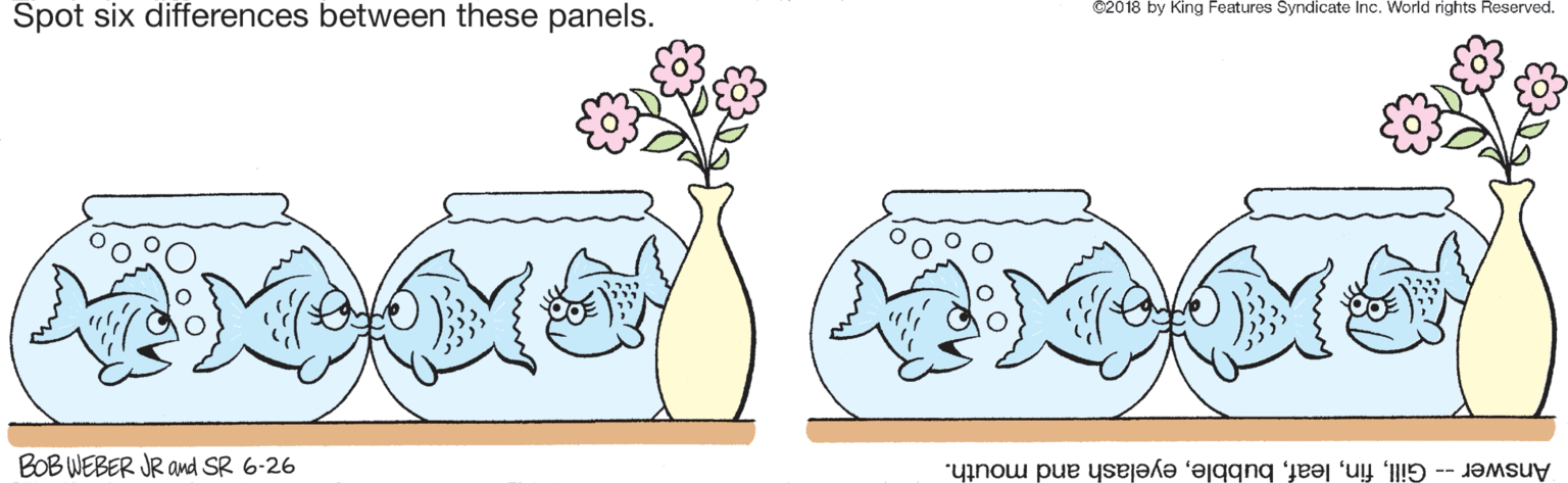 Font OCR: ©2018 by King Features Syndicate Inc. World rights Reserved. Spot six differences between these panels. BOB WEBER JR Ond SR 6-26 Answer -- Gilleyelash and mouth. ©2018 by King Features Syndicate Inc. World rights Reserved. Spot six differences between these panels. BOB WEBER JR Ond SR 6-26 Answer -- Gilleyelash and mouth.