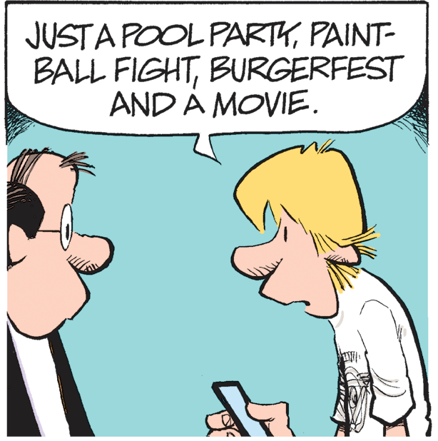 Illustration OCR: JUSTA POOL PARTYPAINT- BALL FIGHTBURGERFEST AND À MOVIE. JUSTA POOL PARTYPAINT- BALL FIGHTBURGERFEST AND À MOVIE.