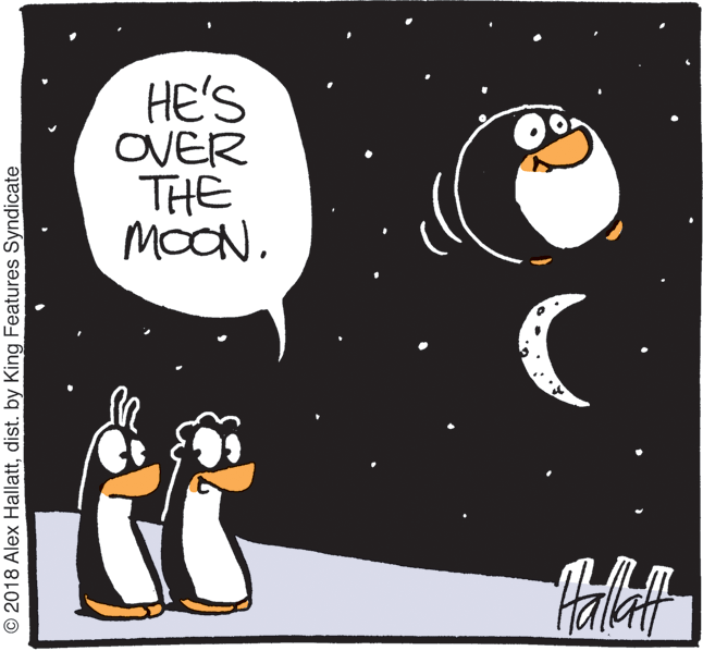 Animated cartoon OCR: HE'S OVER THE MOON. © 2018 Alex Hallattdist. by King Features Syndicate HE'S OVER THE MOON. © 2018 Alex Hallattdist. by King Features Syndicate