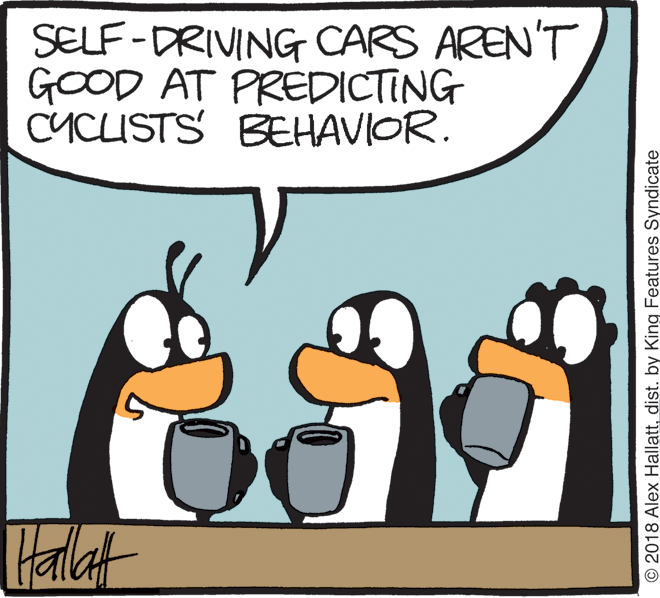 Comics OCR: SELF-DRIVING CARS AREN'T GOOD AT PREDICTING CYCLISTS BEHAVIOR. Halat © 2018 Alex Hallattdist. by King Features Syndicate SELF-DRIVING CARS AREN'T GOOD AT PREDICTING CYCLISTS BEHAVIOR. Halat © 2018 Alex Hallattdist. by King Features Syndicate