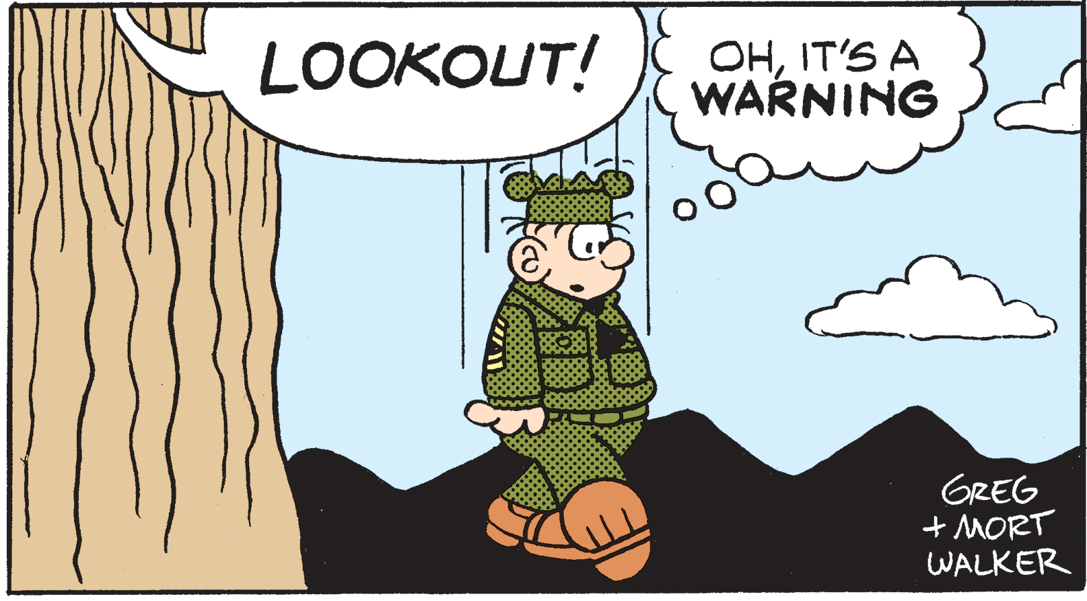 Graphics OCR: LOOKOUT! OHIT'S A WARNING GREG + MORT WALKER LOOKOUT! OHIT'S A WARNING GREG + MORT WALKER