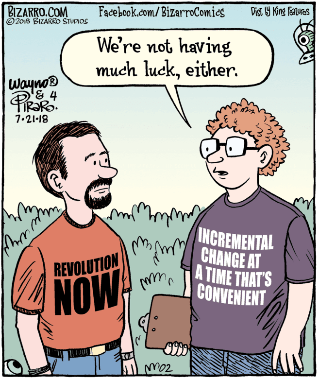 Interaction OCR: BIZARRO.COM © 2018 BIZARRO STUDIOS Facebook.com/BizarroComics Dist. 9 King features We're not having much luckeither. Wayno® '& 4 7.21-18 INCREMENTAL CHANGE AT A TIME THAT'S CONVENIENT REVOLUTION NOW Mo2 BIZARRO.COM © 2018 BIZARRO STUDIOS Facebook.com/BizarroComics Dist. 9 King features We're not having much luckeither. Wayno® '& 4 7.21-18 INCREMENTAL CHANGE AT A TIME THAT'S CONVENIENT REVOLUTION NOW Mo2