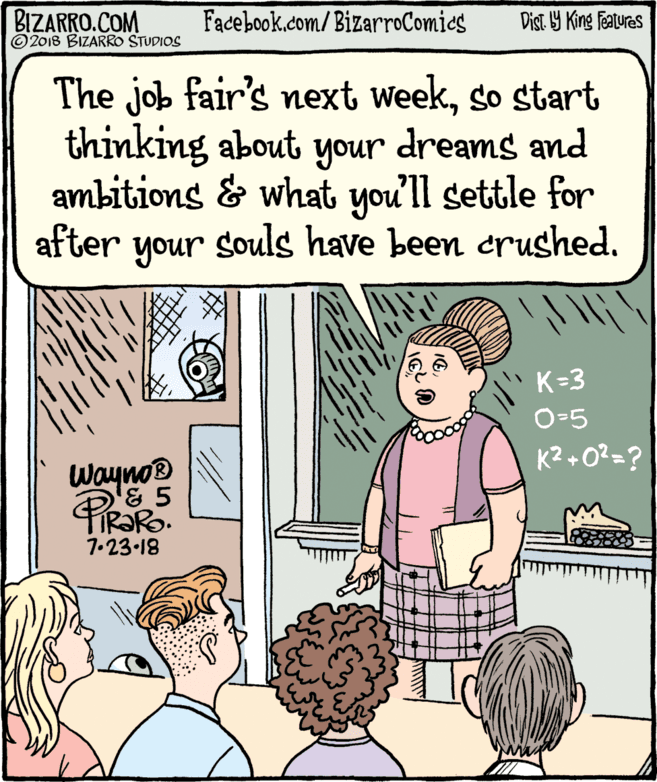 Art OCR: BIZARRO.COM © 2018 BIZARRO STUDIOS Facebook.com/BizarroComics Dist Y King Features The job fair's next weekso start thinking about your dreams and ambitions & what you'll settle for after your souls have been crushed. K=3 O=5 K? +0?=? Wayno® & 5 IR?RO. 7.23-18 BIZARRO.COM © 2018 BIZARRO STUDIOS Facebook.com/BizarroComics Dist Y King Features The job fair's next weekso start thinking about your dreams and ambitions & what you'll settle for after your souls have been crushed. K=3 O=5 K? +0?=? Wayno® & 5 IR?RO. 7.23-18