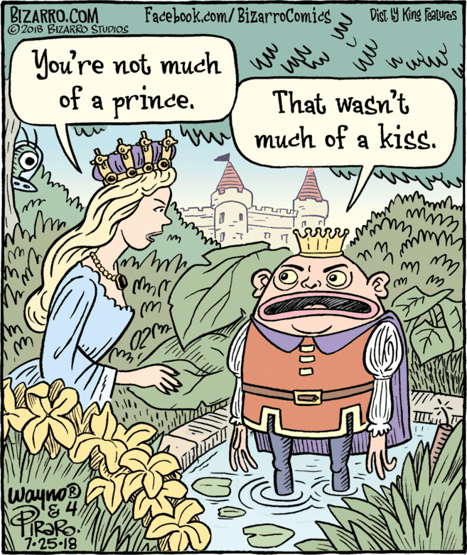 Animation OCR: BIZARRO.COM © 2018 BIZARRO STUDIOS Facebook.com/BizarroComics Dist Y King Features You're not much of a prince. That wasn't w much of a kiss. 02m Wayno® 7.25 18 DDO BIZARRO.COM © 2018 BIZARRO STUDIOS Facebook.com/BizarroComics Dist Y King Features You're not much of a prince. That wasn't w much of a kiss. 02m Wayno® 7.25 18 DDO