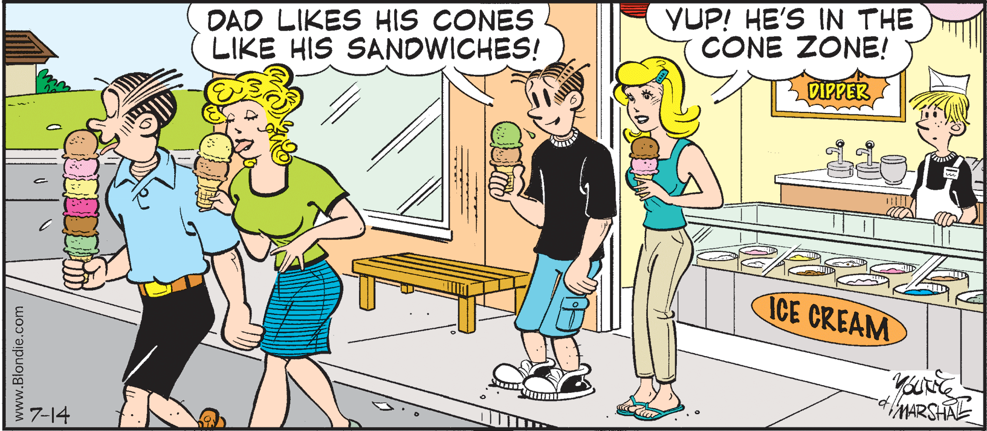Line OCR: DAD LIKES HIS CONES LIKE HIS SANDWICHES! VUP! HE'S IN THE CONE ZONE! DIPPER ICE CREAM MARSHAL 7-14 www.Blondie.com DAD LIKES HIS CONES LIKE HIS SANDWICHES! VUP! HE'S IN THE CONE ZONE! DIPPER ICE CREAM MARSHAL 7-14 www.Blondie.com