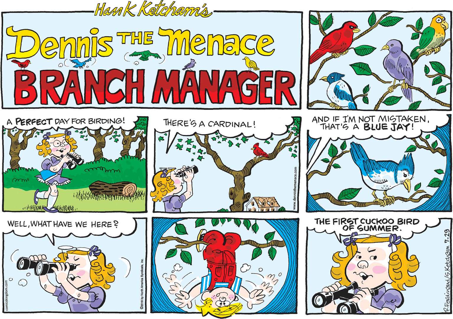 Illustration OCR: -Hasak Katchams- Dennis THE Menace BRANCH MANAGER AND IF IM NOT MISTAKENTHAT'S A BLUE JAY! A PERFECT DAY FOR BIRDING! THERE'S A CARDINAL! THE FIRST CUCKOO BIRD OF SUMMER. WELLWHAT HAVE WE HERE ? 333 -Hasak Katchams- Dennis THE Menace BRANCH MANAGER AND IF IM NOT MISTAKENTHAT'S A BLUE JAY! A PERFECT DAY FOR BIRDING! THERE'S A CARDINAL! THE FIRST CUCKOO BIRD OF SUMMER. WELLWHAT HAVE WE HERE ? 333