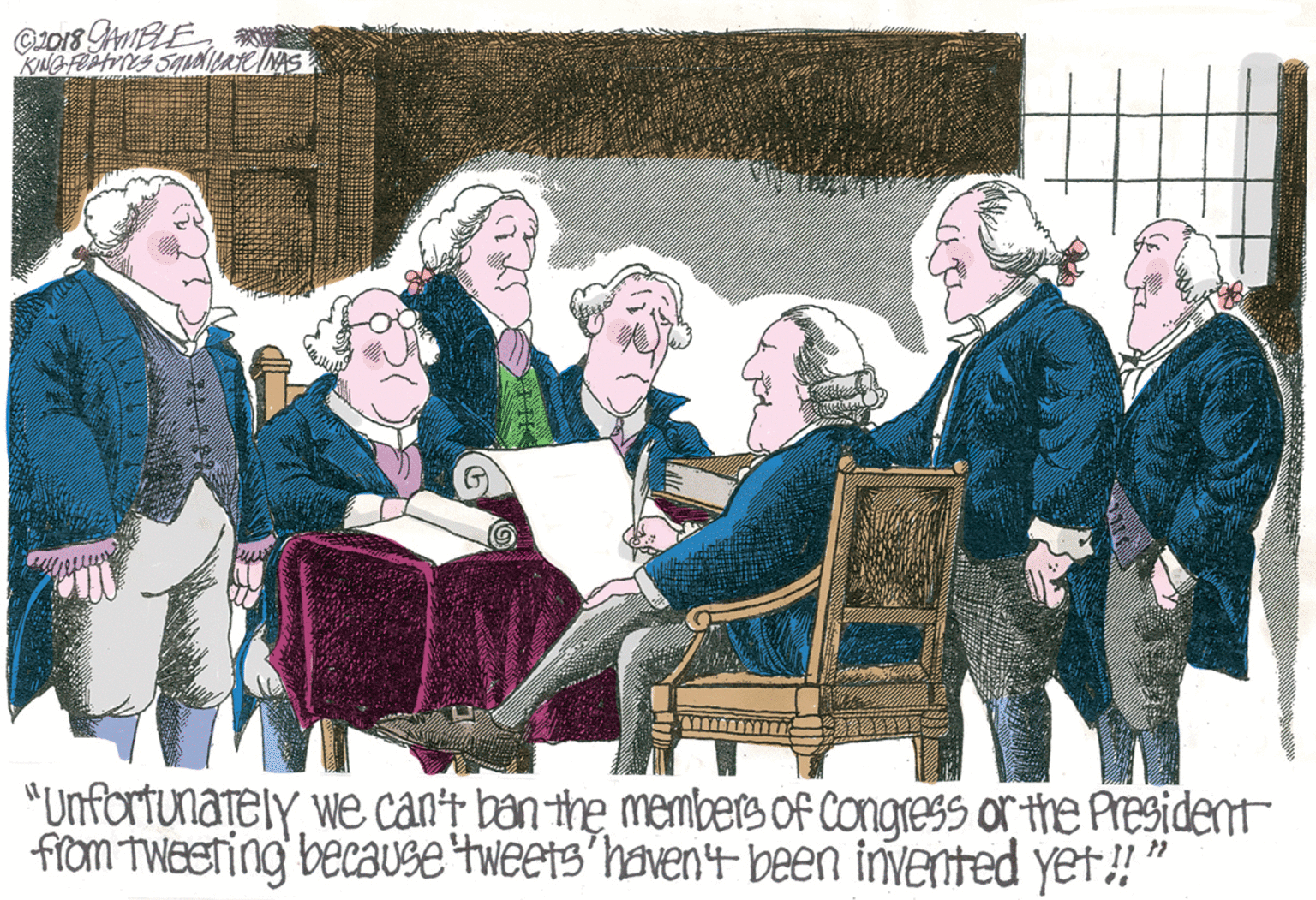 Room OCR: "Unfortunately we can't ban-the members of Congress or the President from Tweeting becaUse tweets'haven'4- been invented yet !" "Unfortunately we can't ban-the members of Congress or the President from Tweeting becaUse tweets'haven'4- been invented yet !"