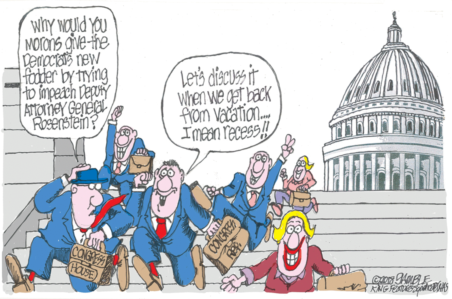 Illustration OCR: whY wOUld You MOrons give-the Demociats new fodder by trying Ho impach Deguy ATTorney Gepea Rosenstein? Lets diacuss it When we get back from Vatatio. Imeanrecess!! CONSAS HOUSE Con AMBLE CONGRESA whY wOUld You MOrons give-the Demociats new fodder by trying Ho impach Deguy ATTorney Gepea Rosenstein? Lets diacuss it When we get back from Vatatio. Imeanrecess!! CONSAS HOUSE Con AMBLE CONGRESA