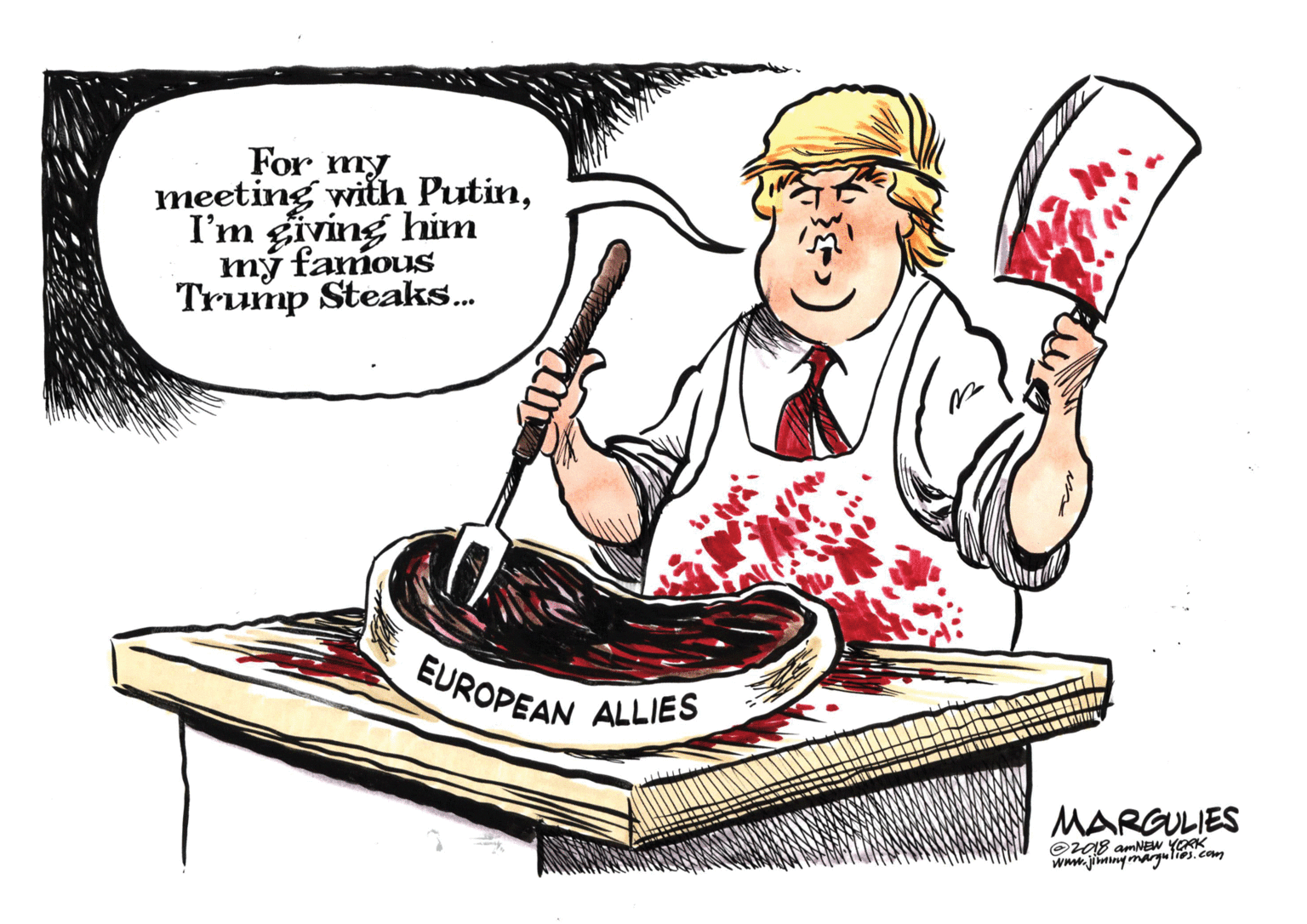 Costume hat OCR: For my meeting with PutinI'm giving him mý famous Trump Steaks. EUROPEAN ALLIES MARGULIES ©za8 AMNEW YORK www.jiminymargulies.com For my meeting with PutinI'm giving him mý famous Trump Steaks. EUROPEAN ALLIES MARGULIES ©za8 AMNEW YORK www.jiminymargulies.com