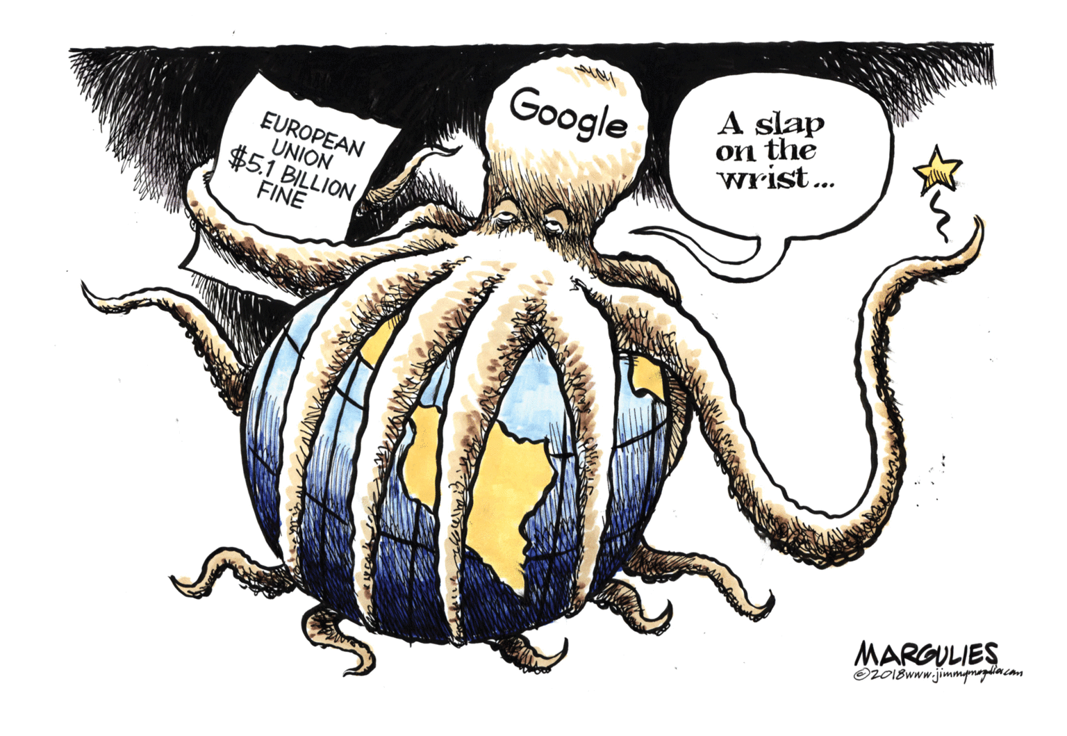 Painting OCR: Google A slap on the wrist. EUROPEAN UNION $5.1 BILLION FINE MARGULIES O2OI8Www.jimmgmagdincom Google A slap on the wrist. EUROPEAN UNION $5.1 BILLION FINE MARGULIES O2OI8Www.jimmgmagdincom