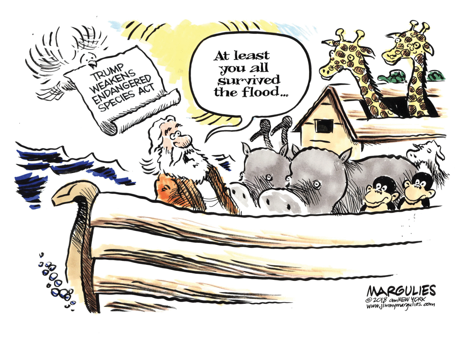 Humour OCR: TRUMP WEAKENS ENDANGERED SPECIES ACT At least you all survived the flood... MARGULIES O2018 amNEW YORK www.jimmymargulies. com TRUMP WEAKENS ENDANGERED SPECIES ACT At least you all survived the flood... MARGULIES O2018 amNEW YORK www.jimmymargulies. com