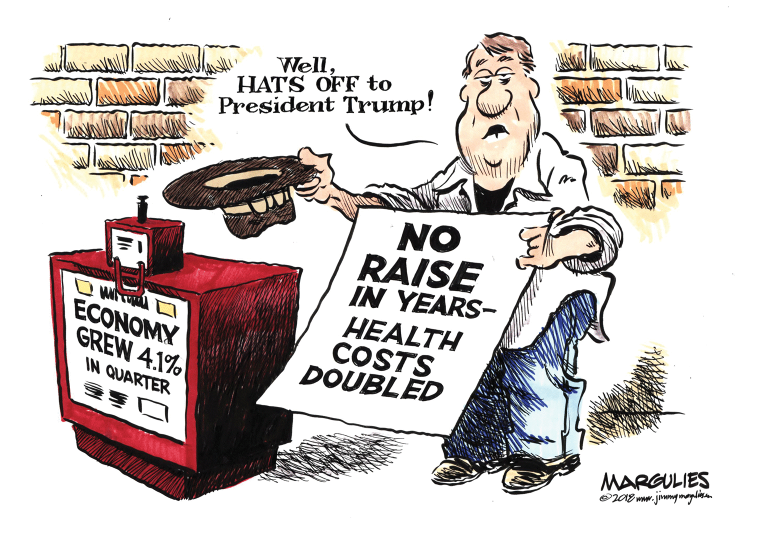 Vintage advertisement OCR: WellHATS OFF to President Trump! NO RAISE IN YEARS- HEALTH COSTS DOUBLED ECONOMY GREW 4.1% IN QUARTER MARGULIES OJAE ww.jimmgmaglia WellHATS OFF to President Trump! NO RAISE IN YEARS- HEALTH COSTS DOUBLED ECONOMY GREW 4.1% IN QUARTER MARGULIES OJAE ww.jimmgmaglia