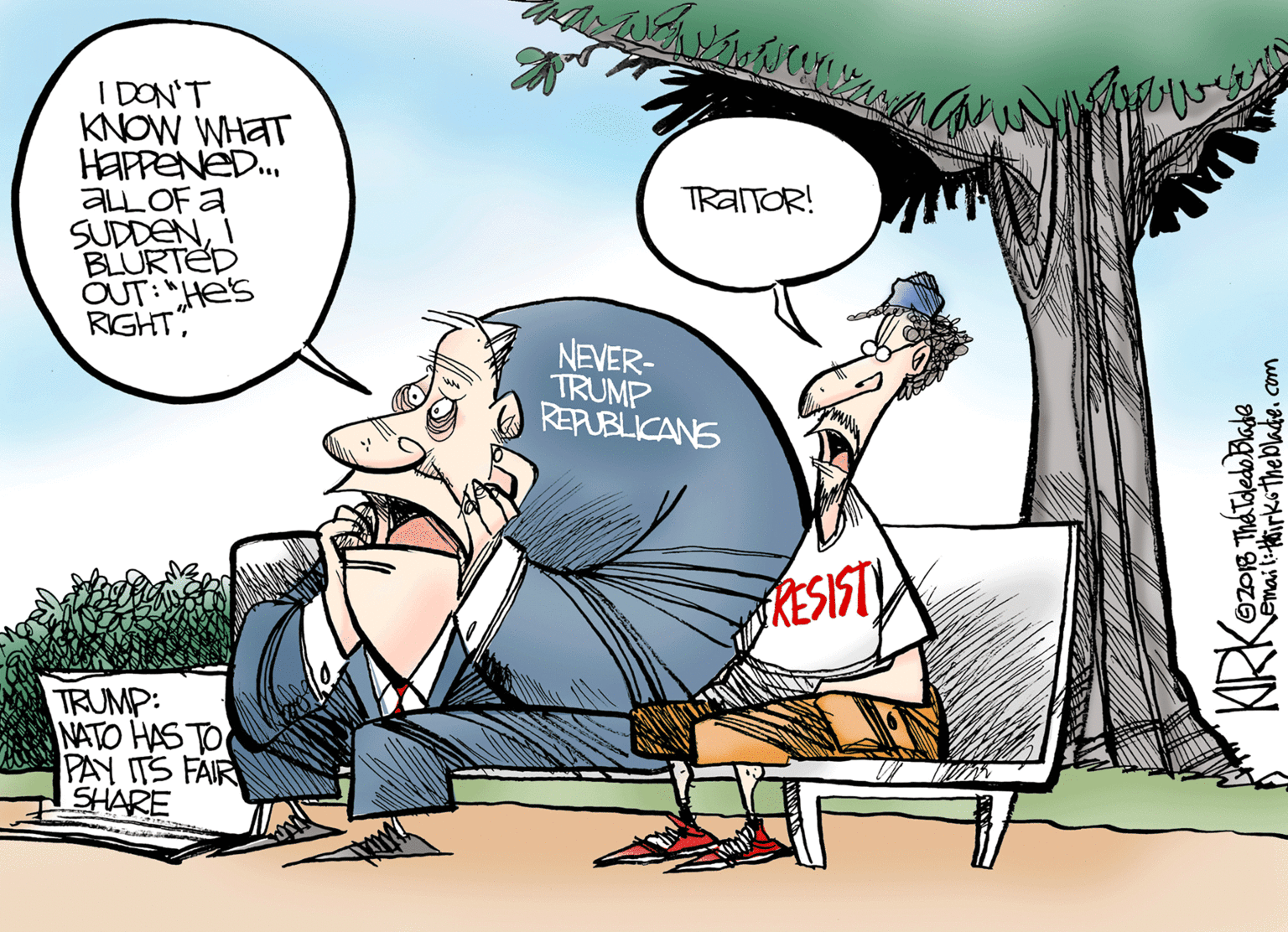 Graphics OCR: I DON'T KNOW WHAT HEPPENED. ALLOF a SUDDENI BLURTED OUT:"Hes RIGHT TRAITOR! NEVER- TRUMP REPUBLICANS RESIST TRUMP: NATO HAS TO PAY ITS FAIR SHARE emailithirkotheblade. com I DON'T KNOW WHAT HEPPENED. ALLOF a SUDDENI BLURTED OUT:"Hes RIGHT TRAITOR! NEVER- TRUMP REPUBLICANS RESIST TRUMP: NATO HAS TO PAY ITS FAIR SHARE emailithirkotheblade. com