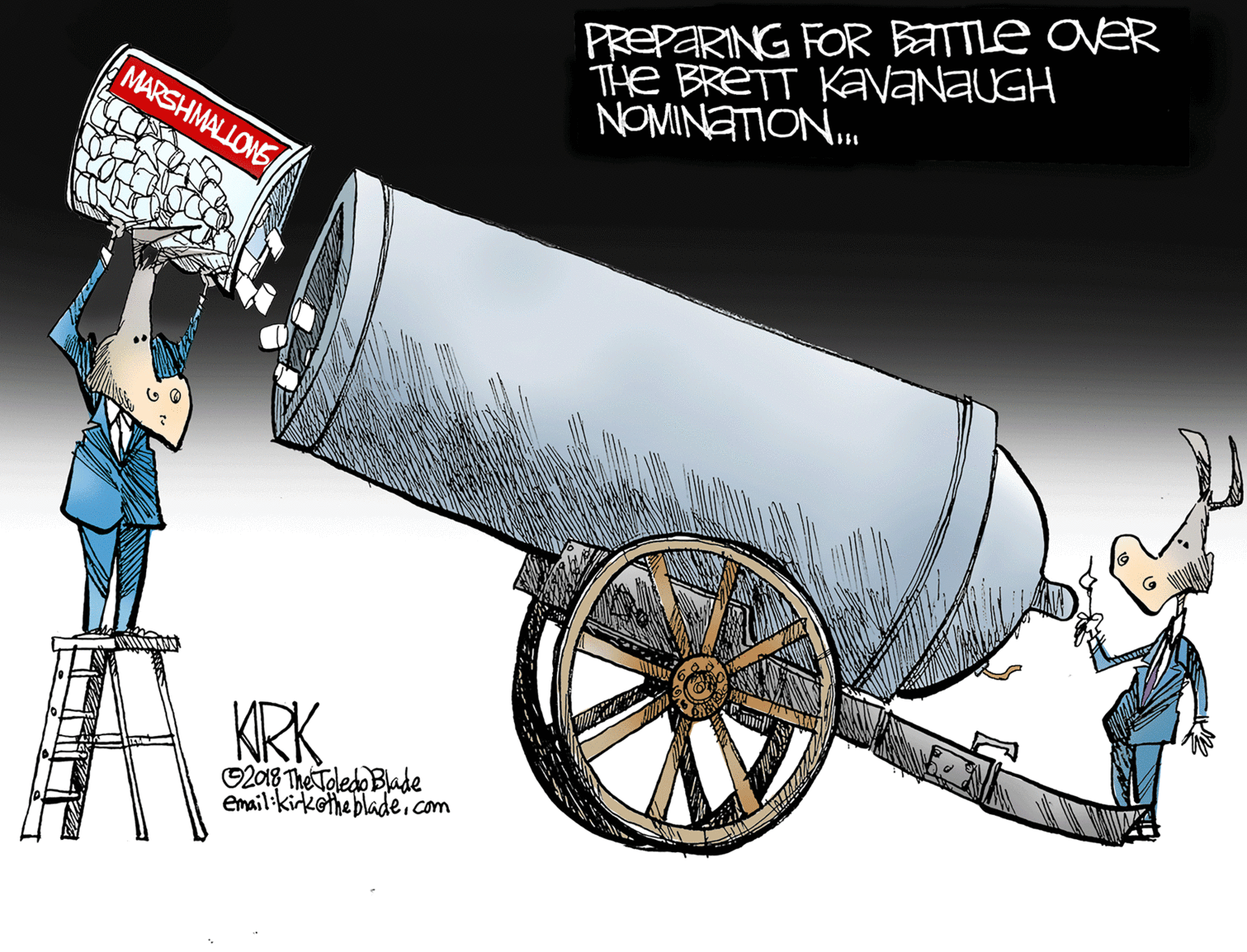 Painting OCR: PREPARING FOR BATTLE OVER THe BRETT KAVANAUGH NOMINATION. MARSHMALLONS KRK ©2018 The Toledo Blade email:kirkethe blade.com PREPARING FOR BATTLE OVER THe BRETT KAVANAUGH NOMINATION. MARSHMALLONS KRK ©2018 The Toledo Blade email:kirkethe blade.com