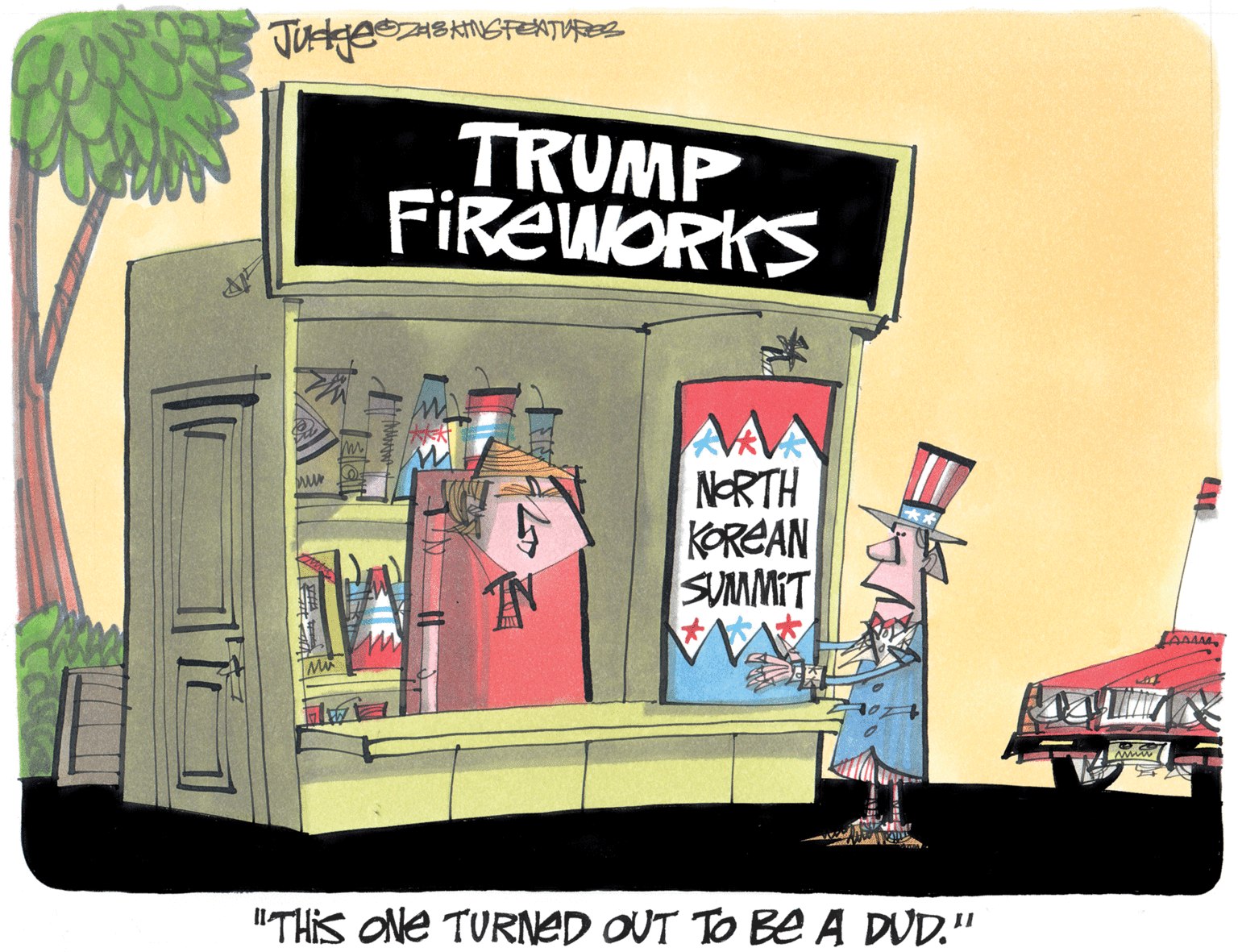 Animated cartoon OCR: TRUMP FIREWORKS AAA NRTH KOREAN SUMMIT MA "THIS ONe TURNED OUT TO Be A DUD." TRUMP FIREWORKS AAA NRTH KOREAN SUMMIT MA "THIS ONe TURNED OUT TO Be A DUD."