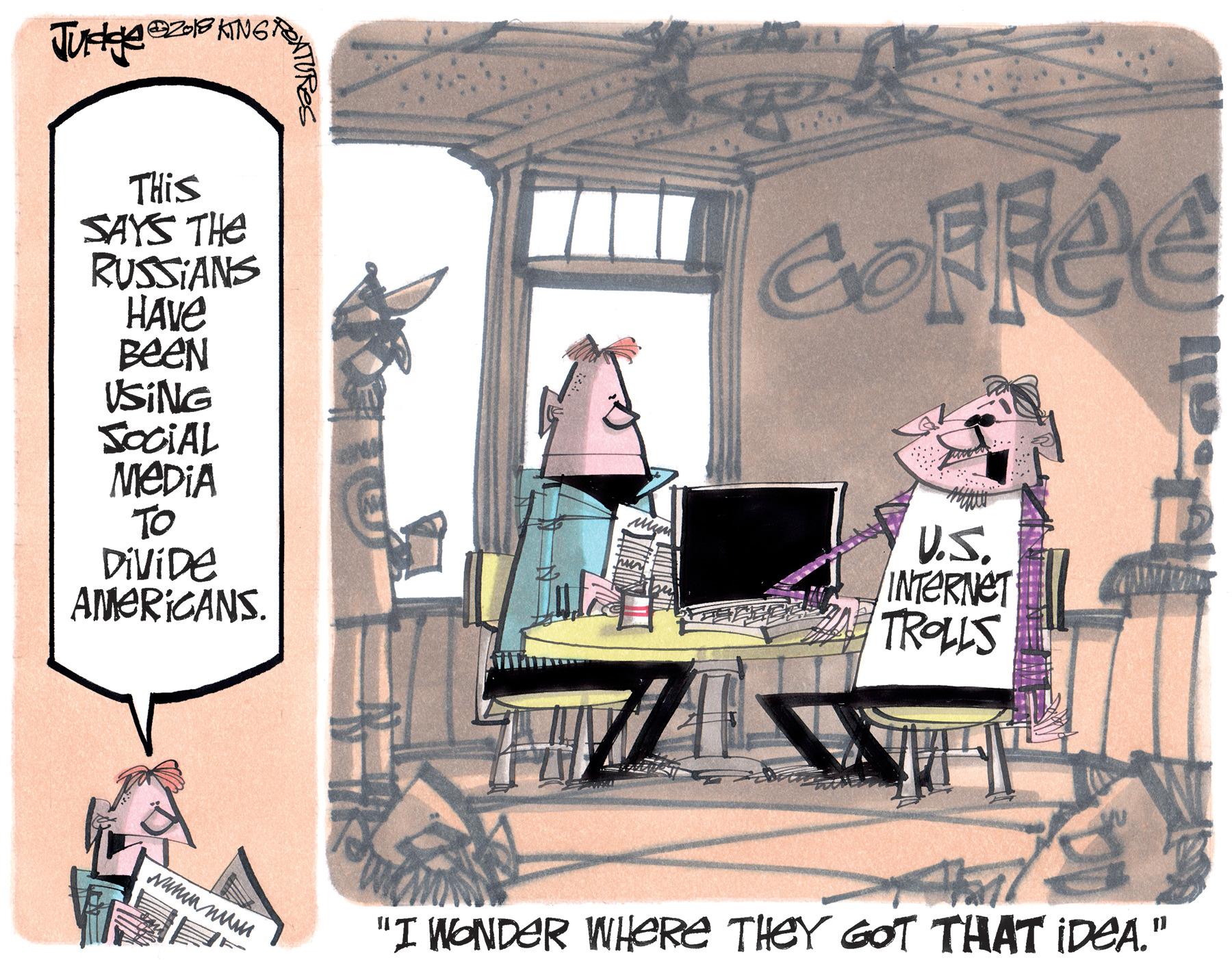 Humour OCR: THIS SAYS THE RUSSIANS HAVE BEEN VSING SOCIAL MEDIA TO DIVIDE AMERICANS. V.S. INTERNET TROLLS "I WONDER WHERE THEY GOT THAT IDEA." THIS SAYS THE RUSSIANS HAVE BEEN VSING SOCIAL MEDIA TO DIVIDE AMERICANS. V.S. INTERNET TROLLS "I WONDER WHERE THEY GOT THAT IDEA."