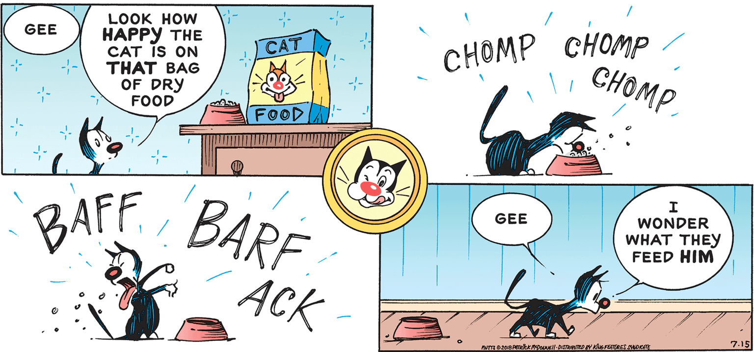 Art OCR: LOOK HOW ????? ?HE CAT iS ON THAT BAG OF DRY FOOD CHOMP CHOMP CHOMPGEE CAT FOOD BAFF BARF WONDER WHAT THEY FEED HIM GEE ACK 7.15 LOOK HOW ????? ?HE CAT iS ON THAT BAG OF DRY FOOD CHOMP CHOMP CHOMPGEE CAT FOOD BAFF BARF WONDER WHAT THEY FEED HIM GEE ACK 7.15