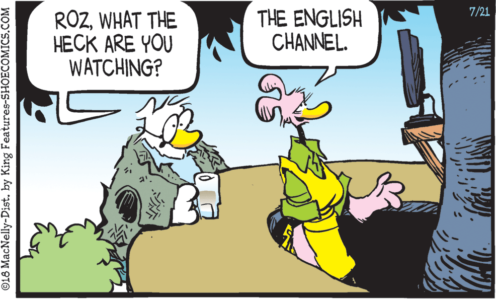 Art OCR: 7/21 ROZWHAT THE HECK ARE YOU WATCHING? THE ENGLISH CHANNEL. ©18 MacNelly-Dist. by King Features-SHOECOMICS.COM 7/21 ROZWHAT THE HECK ARE YOU WATCHING? THE ENGLISH CHANNEL. ©18 MacNelly-Dist. by King Features-SHOECOMICS.COM