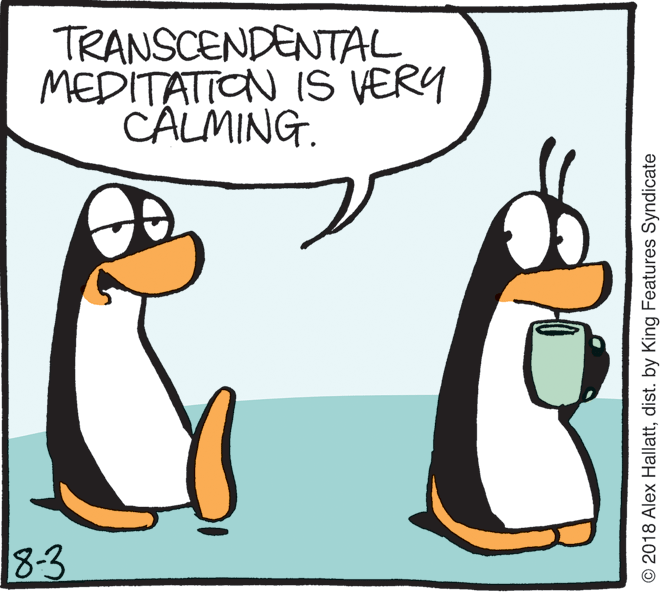 Clip art OCR: TRANSCENDENTAL MEDITATION IS VERY CALMING. 8-3 © 2018 Alex Hallattdist. by King Features Syndicate TRANSCENDENTAL MEDITATION IS VERY CALMING. 8-3 © 2018 Alex Hallattdist. by King Features Syndicate