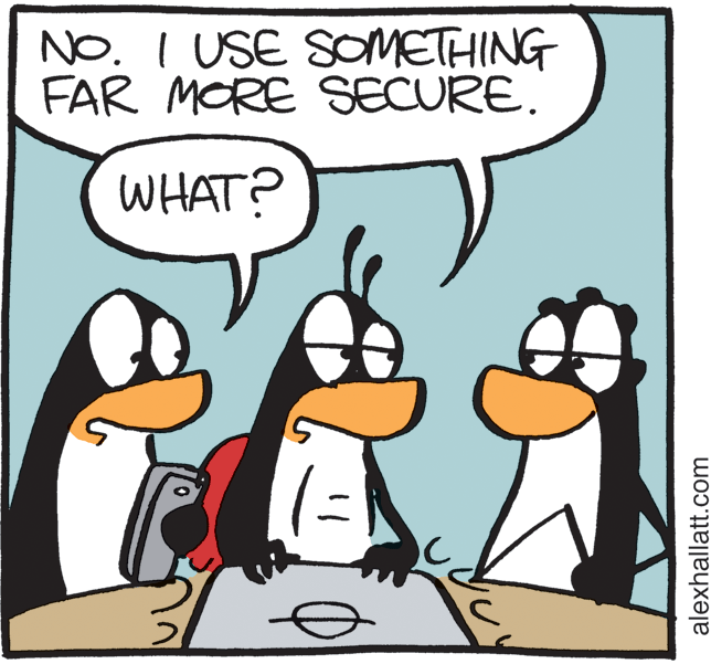 Illustration OCR: NO. I USE SOMETHING FAR MORE SECURE. WHAT? alexhallatt.com NO. I USE SOMETHING FAR MORE SECURE. WHAT? alexhallatt.com