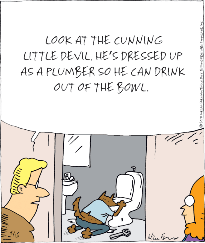 Fiction OCR: LOOK AT THE CUNNING LITTLE DEVIL. HE'S DRESSED UP AS A PLUMBER SO HE CAN DRINK OUT OF THE BoWL. ©2018 NIKLAS ERIKSSON/BULLSINC. LOOK AT THE CUNNING LITTLE DEVIL. HE'S DRESSED UP AS A PLUMBER SO HE CAN DRINK OUT OF THE BoWL. ©2018 NIKLAS ERIKSSON/BULLSDIST. BY KING FEATURES SYNDICATE