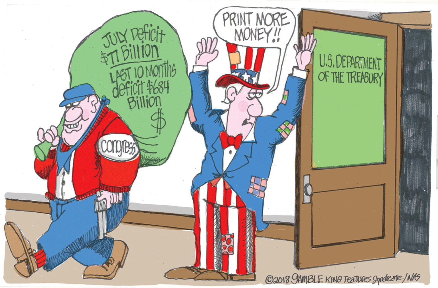 Event OCR: PRINT MORE MONEY! JULY DEfCi $TI Billion LAST IO MOnths deficit 4684 Billion U.S.DEPARTMENT OF THE TREASURY corgles ©2018 AMBLE KING Featres Gpadicate/NS PRINT MORE MONEY! JULY DEfCi $TI Billion LAST IO MOnths deficit 4684 Billion U.S.DEPARTMENT OF THE TREASURY corgles ©2018 AMBLE KING Featres Gpadicate/NS