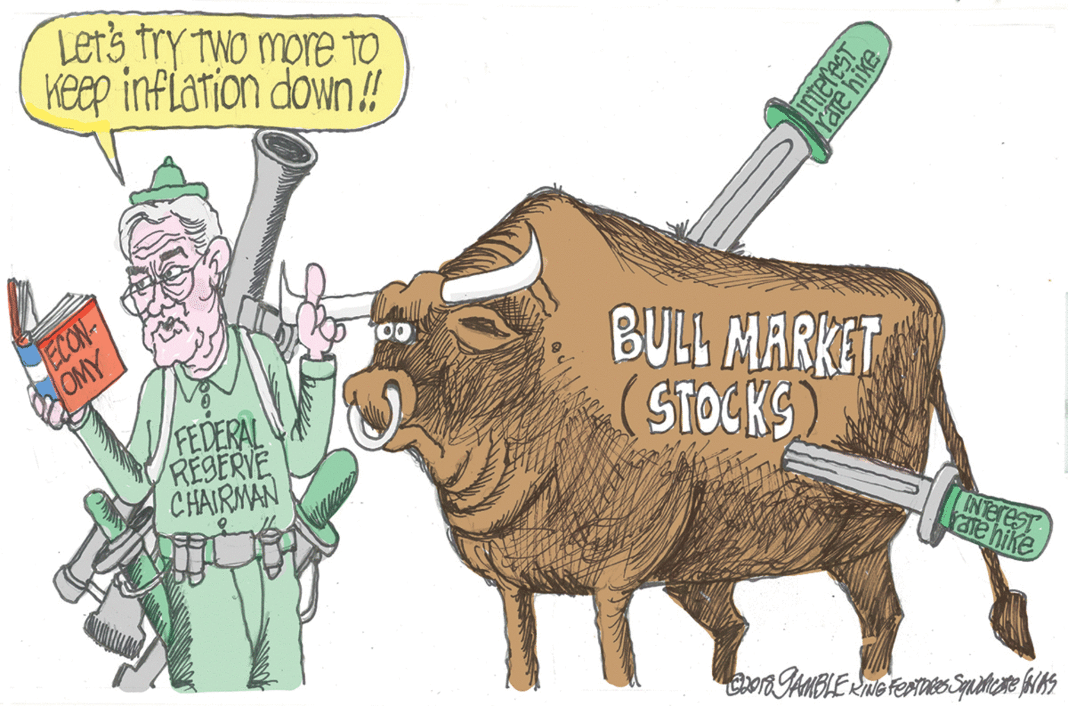 Illustration OCR: Lets try two more to Keep inflation down ! ECON- OMY FEDERAL RESERVE CHAIRMAN BULL MARKET STOCKS) INTeresT rare hike InteresT Yate hike Lets try two more to Keep inflation down ! ECON- OMY FEDERAL RESERVE CHAIRMAN BULL MARKET STOCKS) INTeresT rare hike InteresT Yate hike