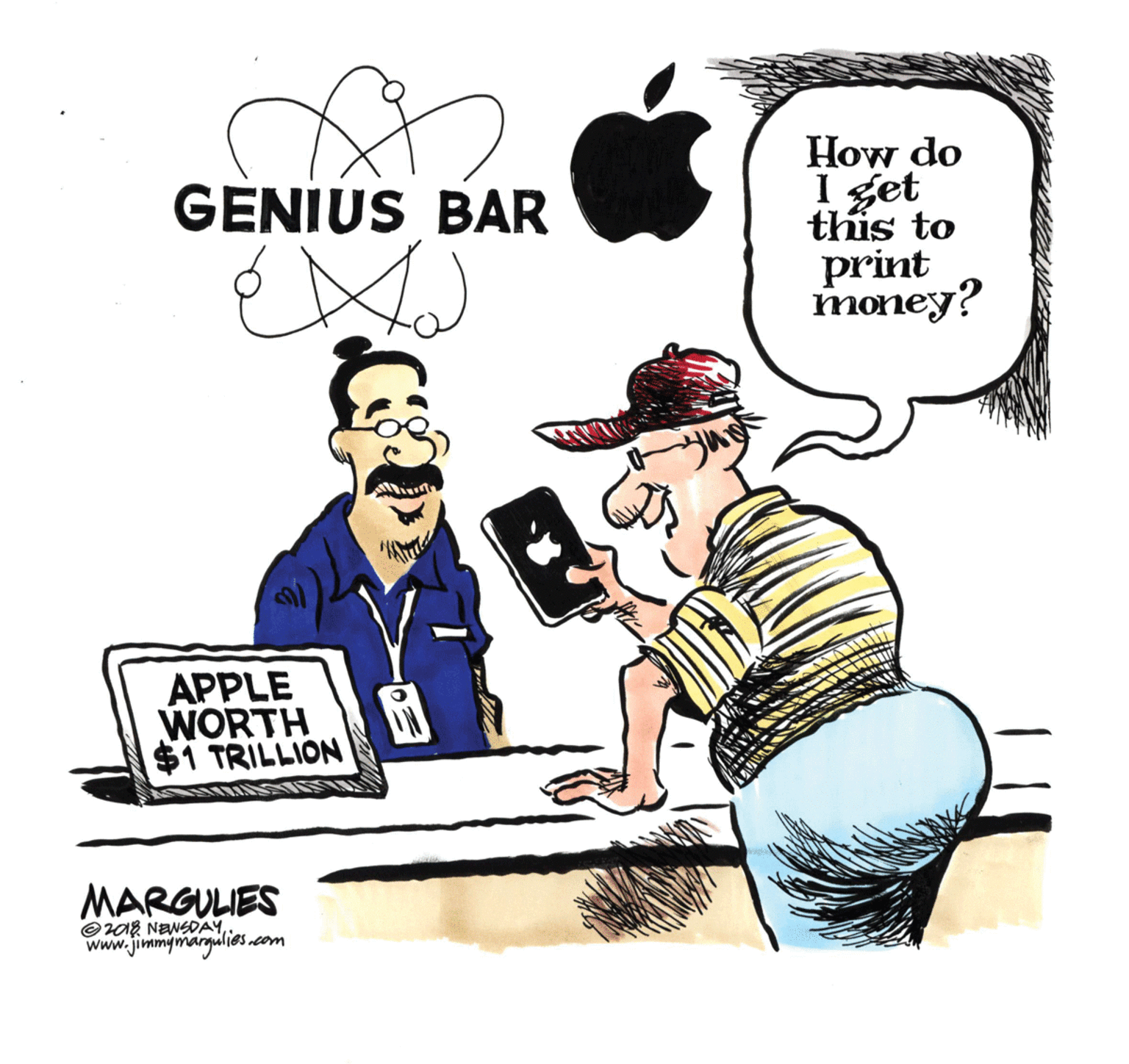 Drawing OCR: How do I get this to print money? GENIUS BAR APPLE WORTH $1 TRILLION MARGULIES @08 NENSDAYwww.jimmymargulies.com How do I get this to print money? GENIUS BAR APPLE WORTH $1 TRILLION MARGULIES @08 NENSDAY