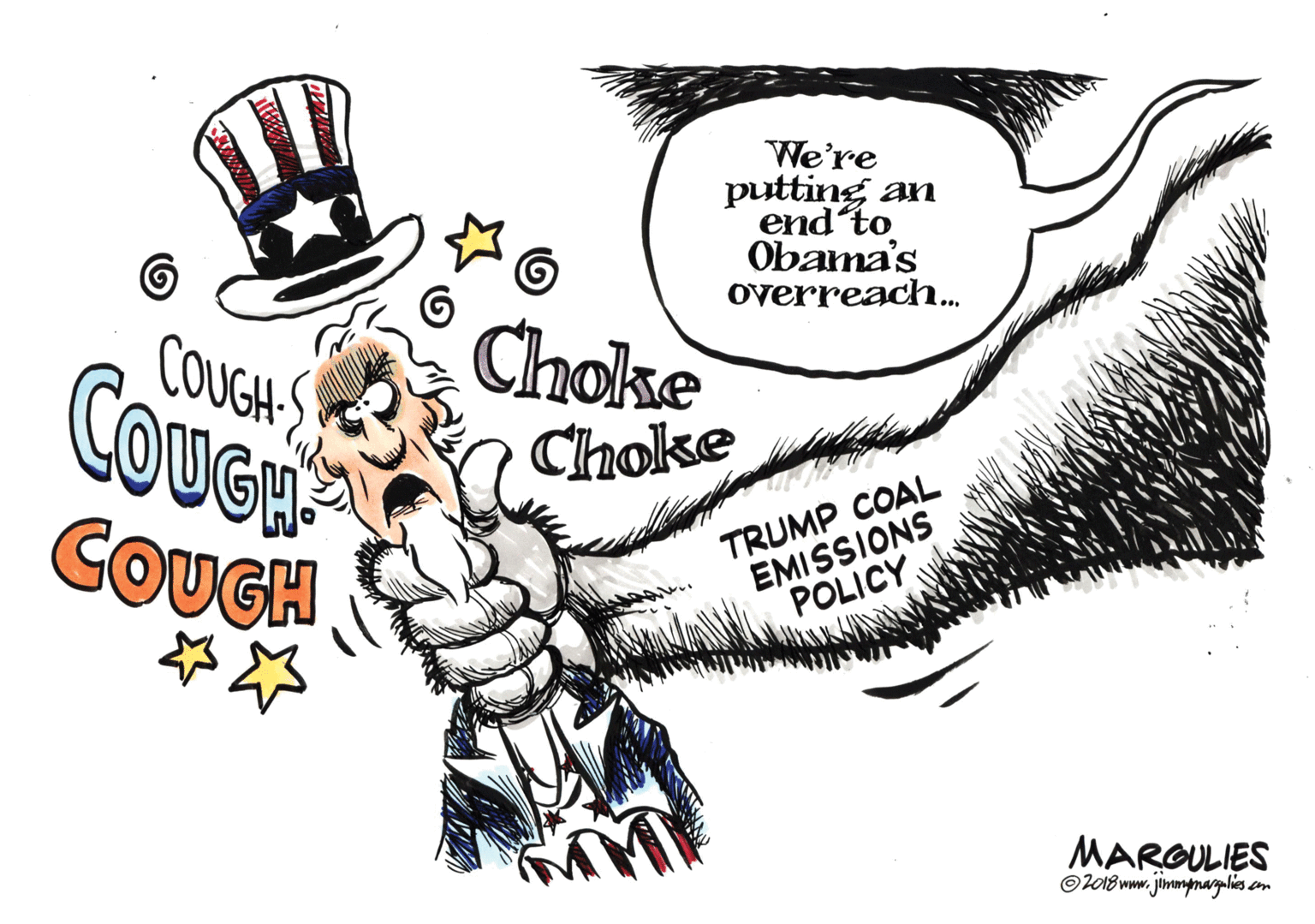 Handwriting OCR: We're putting an end to Obama's overreach. COUGH S CouGe Choke Choke COUGH TRUMP COAL EMISSIONS POLICY MARGULIES O2018 www.jimmpnargalins.com We're putting an end to Obama's overreach. COUGH S CouGe Choke Choke COUGH TRUMP COAL EMISSIONS POLICY MARGULIES O2018 www.jimmpnargalins.com