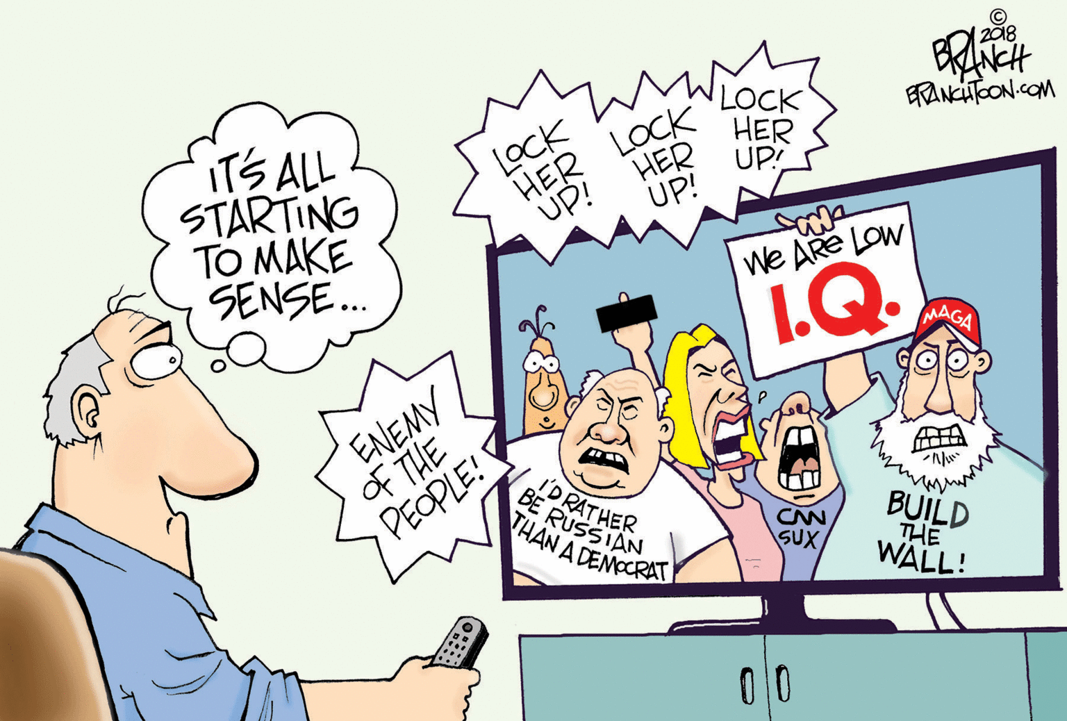 Drawing OCR: © 2018 LOCK HER UP ERANCTOON.COM ITS ALL STARTING TO MAKE SENSE. LocK HER LOCK HER UP! UP! We ARE LOW I.Q. ENEMY of THE PEOPLE! DRATHER BE RUSSIAN VHAN A DEMOCRAT BUILD THE WALL! CN SUX 00 © 2018 LOCK HER UP ERANCTOON.COM ITS ALL STARTING TO MAKE SENSE. LocK HER LOCK HER UP! UP! We ARE LOW I.Q. ENEMY of THE PEOPLE! DRATHER BE RUSSIAN VHAN A DEMOCRAT BUILD THE WALL! CN SUX 00