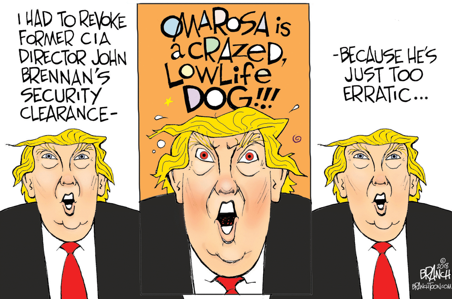 Facial expression OCR: ! HAD TO REKE OWAROSA is FORMER CIA DIRECTOR JOHN BRENNAN'S SECURITY CLEARANCE- acRAzeDLOWLIFE DOG!! -BECAUSE HE'S JUST TOO ERRATIC... 2018 PRNCHTOONGOM ! HAD TO REKE OWAROSA is FORMER CIA DIRECTOR JOHN BRENNAN'S SECURITY CLEARANCE- acRAzeDLOWLIFE DOG!! -BECAUSE HE'S JUST TOO ERRATIC... 2018 PRNCHTOONGOM