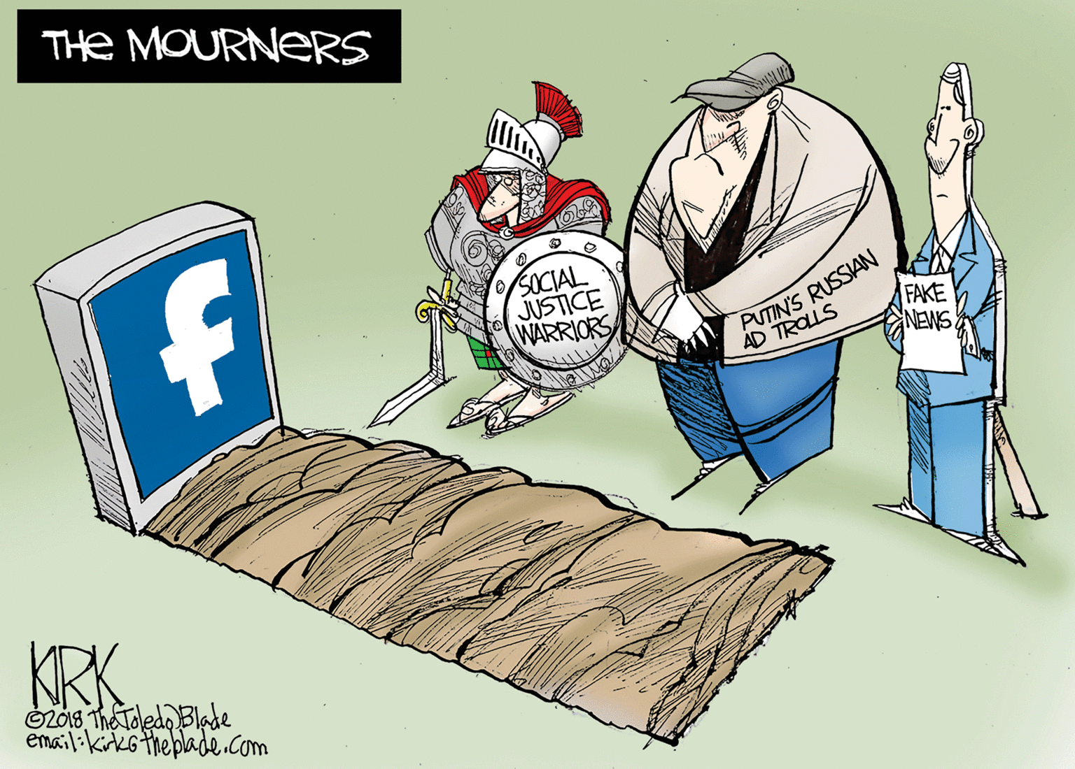 Fictional character OCR: THe MOURNERS SOCIAL JUSTICE WARRIORS PUTIN'S RUSSIAN FAKE NEWS. AD TROLLS KRK OL018 The Toedo Blade email:kirkGtheplade.com THe MOURNERS SOCIAL JUSTICE WARRIORS PUTIN'S RUSSIAN FAKE NEWS. AD TROLLS KRK OL018 The Toedo Blade email:kirkGtheplade.com