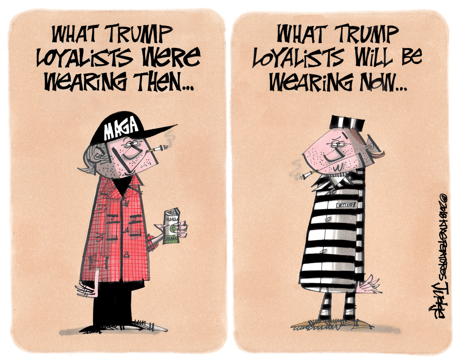 Vintage clothing OCR: WHAT TRUMP LOYALISTS WERE WEARING THEN. WHAT TRUMP LOYALISTS WILL Be WEARING NOW. MAGA AE WHAT TRUMP LOYALISTS WERE WEARING THEN. WHAT TRUMP LOYALISTS WILL Be WEARING NOW. MAGA AE