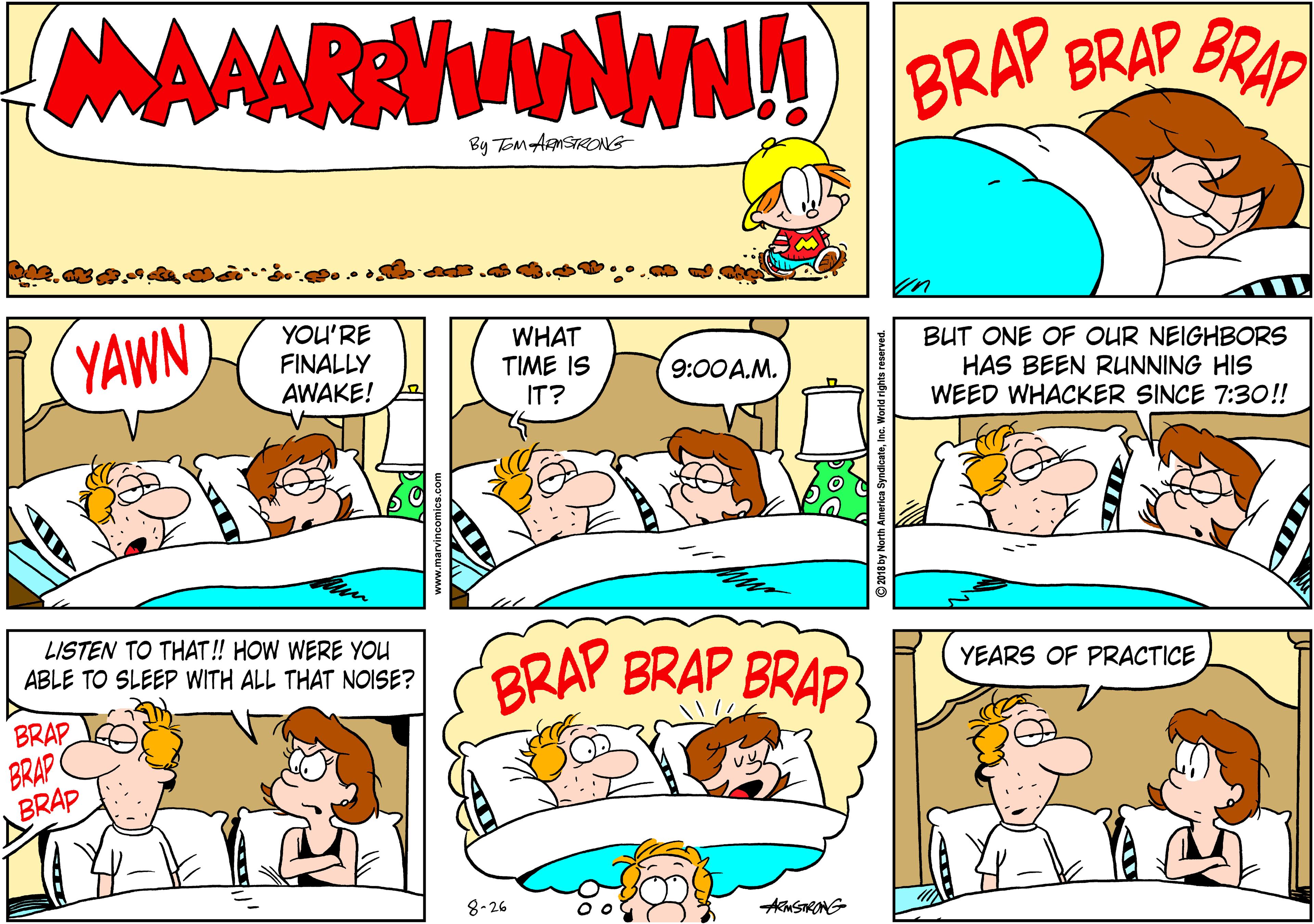 Illustration OCR: MAAAR WN BRAP ERAP BRP By Tom AMSTRONG YAWN YOU'RE FINALLY AWAKE! WHAT TIME IS IT? BUT ONE OF OUR NEIGHBORS HAS BEEN RUNNING HIS WEED WHACKER SINCE 7:3O!! 9:00 A.M. LISTEN TO THAT! HOW WERE YOU ABLE TO SLEEP WITH ALL THAT NOISE? BRAP BRAP BRAP YEARS OF PRACTICE BRAP BRAP BRAP 8-26 AnSTRONG MAAAR WN BRAP ERAP BRP By Tom AMSTRONG YAWN YOU'RE FINALLY AWAKE! WHAT TIME IS IT? BUT ONE OF OUR NEIGHBORS HAS BEEN RUNNING HIS WEED WHACKER SINCE 7:3O!! 9:00 A.M. LISTEN TO THAT! HOW WERE YOU ABLE TO SLEEP WITH ALL THAT NOISE? BRAP BRAP BRAP YEARS OF PRACTICE BRAP BRAP BRAP 8-26 AnSTRONG