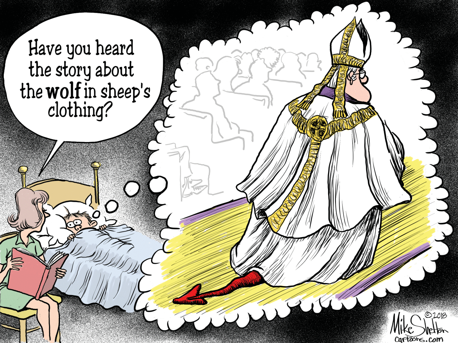 Illustration OCR: Have you heard the story about the wolf in sheep's clothing? OL013 Cartoons.com Have you heard the story about the wolf in sheep's clothing? OL013 Cartoons.com