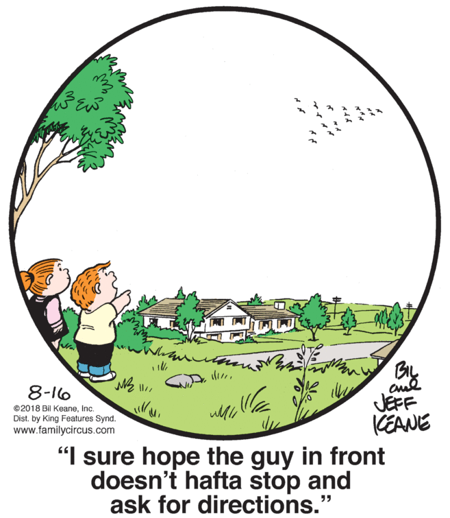 Landscape OCR: cul JEFF KEANE 8-16 ©2018 Bil KeaneInc. Dist. by King Features Synd. www.familycircus.com "I sure hope the guy in front doesn't hafta stop and ask for directions." cul JEFF KEANE 8-16 ©2018 Bil KeaneInc. Dist. by King Features Synd. www.familycircus.com "I sure hope the guy in front doesn't hafta stop and ask for directions."