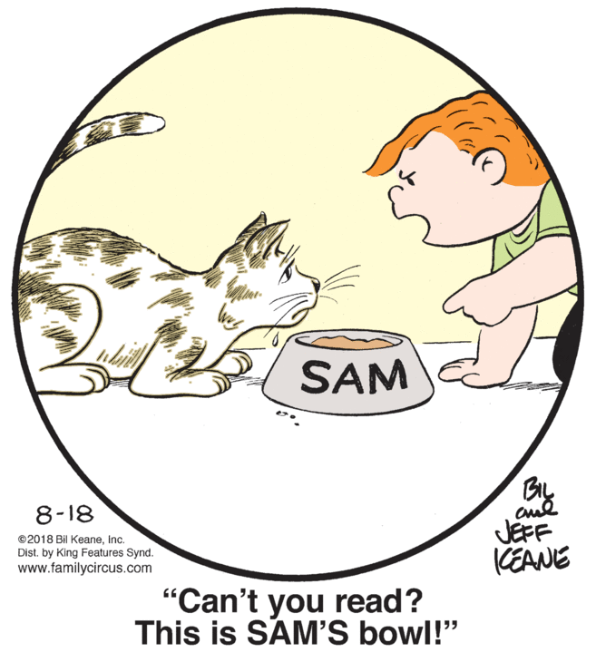 Font OCR: SAM By 8-18 ©2018 Bil KeaneInc. Dist. by King Features Synd. www.familycircus.com JEFF KEANE "Can't you read? This is SAM'S bowl!" SAM By 8-18 ©2018 Bil KeaneInc. Dist. by King Features Synd. www.familycircus.com JEFF KEANE "Can't you read? This is SAM'S bowl!"