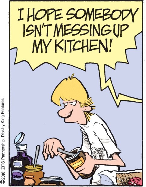 Graphic design OCR: I HOPE SOMEBODY ISN'T MESSING UP MY KITCHEN! ©2018 ZITS Partnership. Dist. by King Features I HOPE SOMEBODY ISN'T MESSING UP MY KITCHEN! ©2018 ZITS Partnership. Dist. by King Features