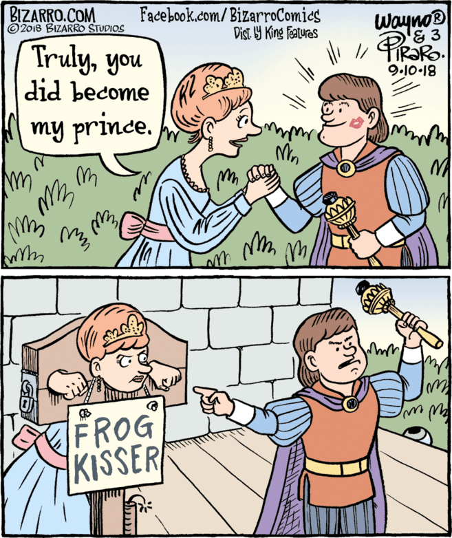 Interaction OCR: BIZARRO.COM © 2018 BIZARRO STUDIOS Facebook.com/ BizarroComics Dist Y King Features Wayno® '& 3 Trulyyou did become 9.10.18 my prince. FROG KISSER BIZARRO.COM © 2018 BIZARRO STUDIOS Facebook.com/ BizarroComics Dist Y King Features Wayno® '& 3 Trulyyou did become 9.10.18 my prince. FROG KISSER