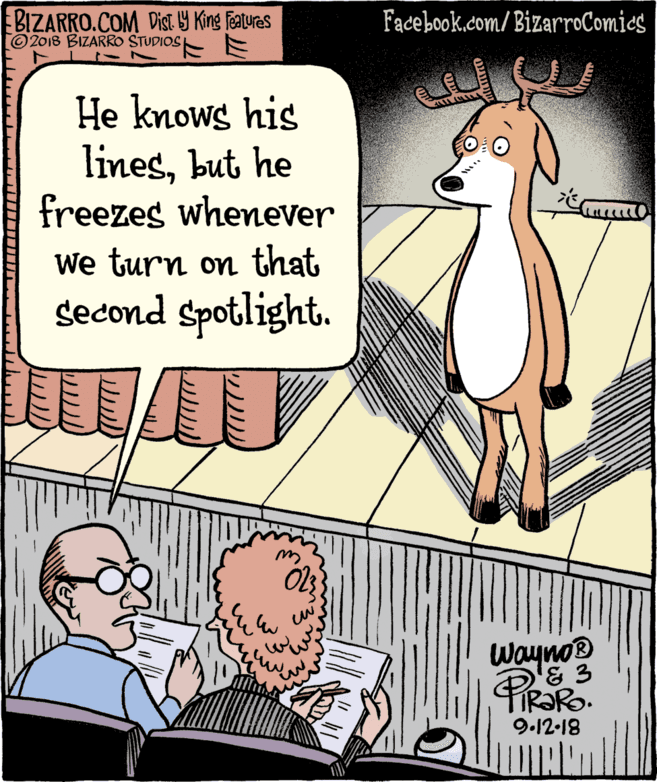 Font OCR: BIZARRO.COM Dist 9 King Feaures 2018 BIZARRO STUDIOS Facebook.com/ BizarroComies He knows his linesbut he freezes whenever We turn on that Second Spotlight. Wayno® '& 3 9.12-18 BIZARRO.COM Dist 9 King Feaures 2018 BIZARRO STUDIOS Facebook.com/ BizarroComies He knows his linesbut he freezes whenever We turn on that Second Spotlight. Wayno® '& 3 9.12-18