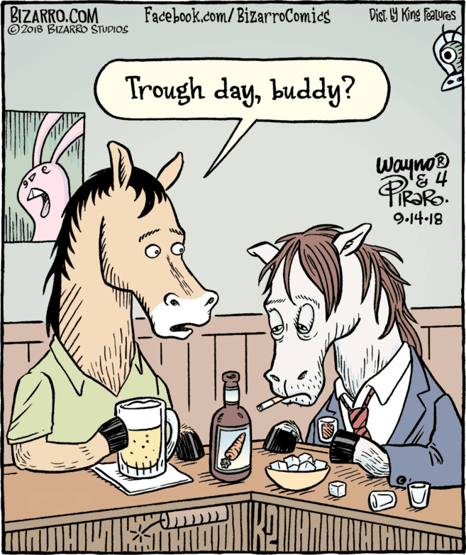 Alcohol OCR: BIZARRO.COM © 2018 BIZARRO STUDIOS Facebook.com/BizarroComies Dist Y King Features Trough daybuddy? Wayno PiRaRo 9.14-18 BIZARRO.COM © 2018 BIZARRO STUDIOS Facebook.com/BizarroComies Dist Y King Features Trough daybuddy? Wayno PiRaRo 9.14-18