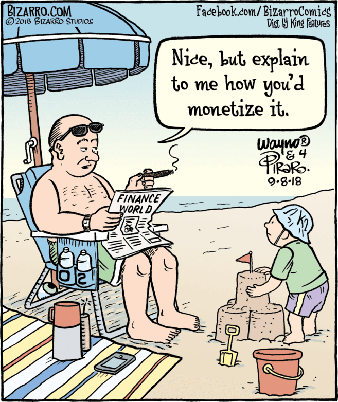 Animated cartoon OCR: BIZARRO.COM © 2018 BIZARRO STUDIOS Facebook.com/BizarroComies Dist. Y King Features Nieebut explain to me how you'd monetize it. Wayno 9.8-18 FINANCE WORLD BIZARRO.COM © 2018 BIZARRO STUDIOS Facebook.com/BizarroComies Dist. Y King Features Nieebut explain to me how you'd monetize it. Wayno 9.8-18 FINANCE WORLD
