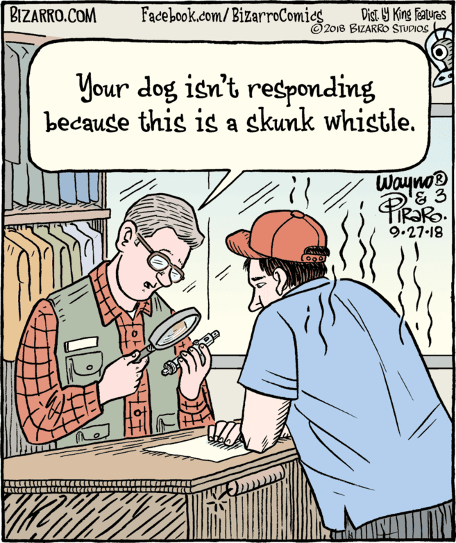 Cartoon OCR: BIZARRO.COM Facebook.com/BizarroComic2o1s BIZARRO SIVOS Dist 9 King Featuras Your dog isn't responding because this is a skunk whistle. Wayno® 9.27-18 K E TIC(EE ?????? ( BIZARRO.COM Facebook.com/BizarroComic2o1s BIZARRO SIVOS Dist 9 King Featuras Your dog isn't responding because this is a skunk whistle. Wayno® 9.27-18 K E TIC ( EE ? ? ? ? ? ? (