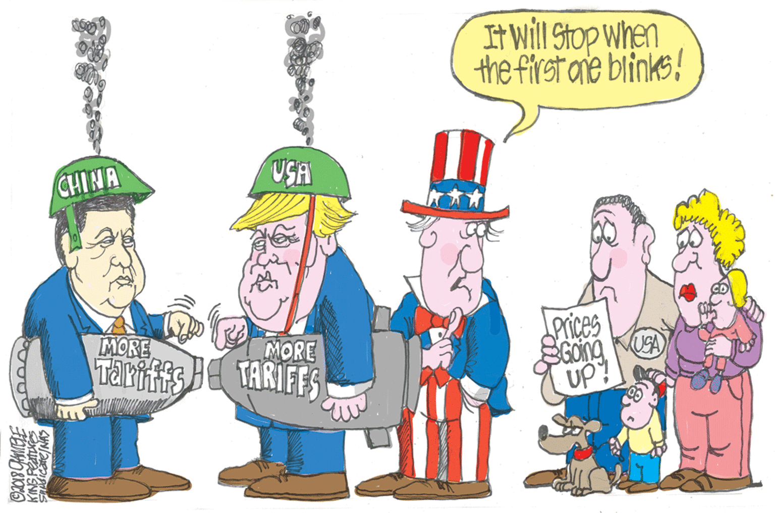 People OCR: It Will Stop When the first ane blinks! USA CHINA Prices SGong K UP MORE MORE Tariffs H TARIFFS It Will Stop When the first ane blinks! USA CHINA Prices SGong K UP MORE MORE Tariffs H TARIFFS