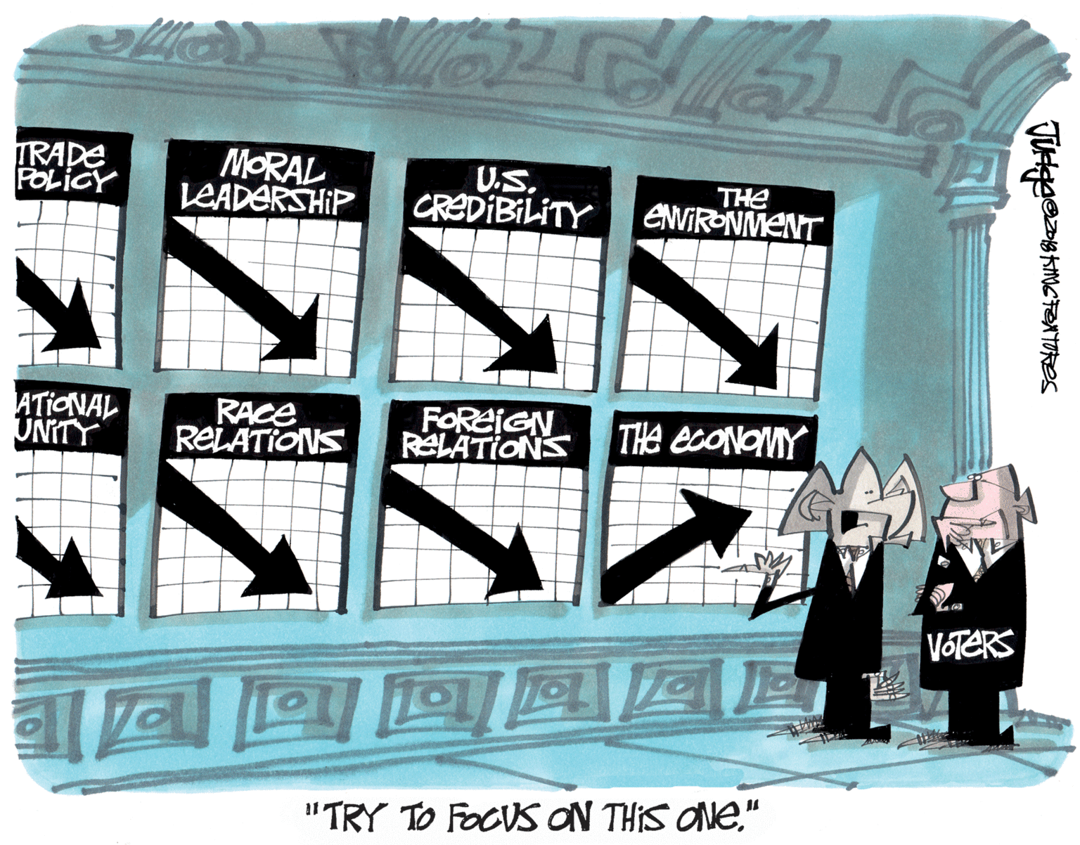 Graphics OCR: IRADE POLICY MORAL LEADERSHIP U.S. CREDIBILITY THE ENVIRONMENT ATIONAL UNITY RACE RELATIONS FORaIGN RELATIONS THe ECONOMY VOTERS "TRY TO FOCUS ON THIS ONe" IRADE POLICY MORAL LEADERSHIP U.S. CREDIBILITY THE ENVIRONMENT ATIONAL UNITY RACE RELATIONS FORaIGN RELATIONS THe ECONOMY VOTERS "TRY TO FOCUS ON THIS ONe